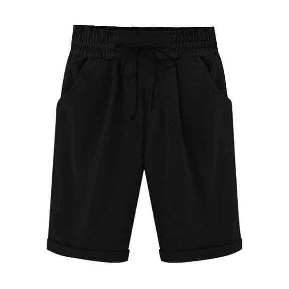 FAIWAD Women's Knee Length Shorts Elastic Waist Drawstring Cotton Linen Shorts Loose Lightweight Beach Shorts