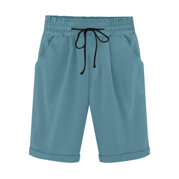FAIWAD Women's Knee Length Shorts Elastic Waist Drawstring Cotton Linen Shorts Loose Lightweight Beach Shorts