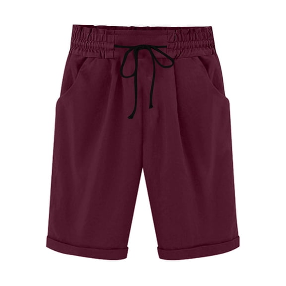 FAIWAD Women's Knee Length Shorts Elastic Waist Drawstring Cotton Linen Shorts Loose Lightweight Beach Shorts