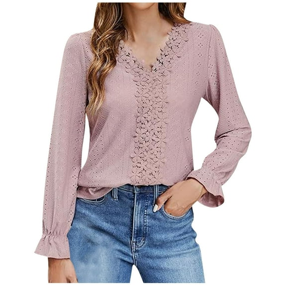 FAIWAD Women's Lace Crochet Tops Long Sleeve V Neck Cutout Blouse Casual Solid Color Dressy Tops
