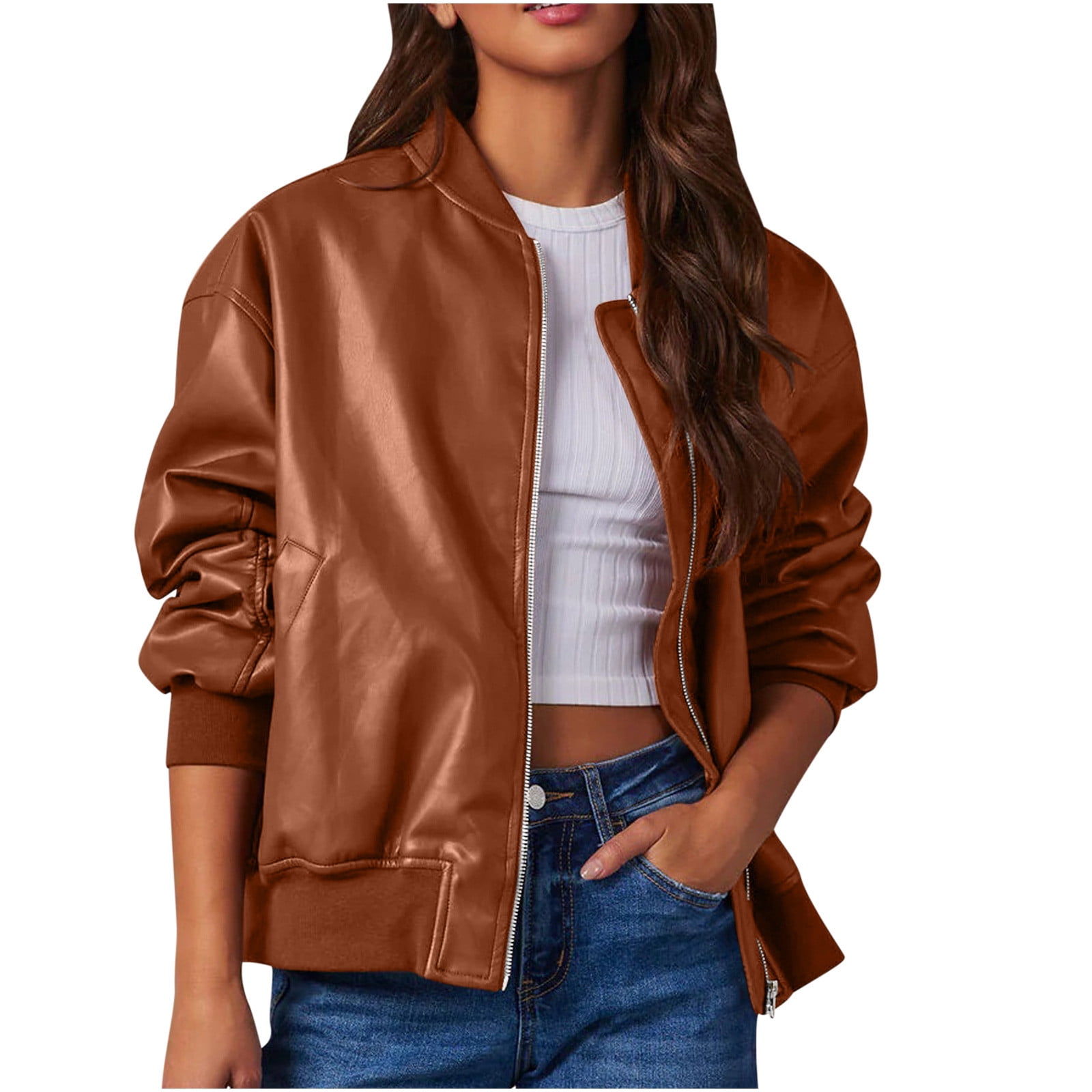 訳あり商品 Women's FAIWAD Leather Jacket Casual  Trendy Color Solid Outwear Up Zip Sleeve Long Jacket ジャケット・アウター