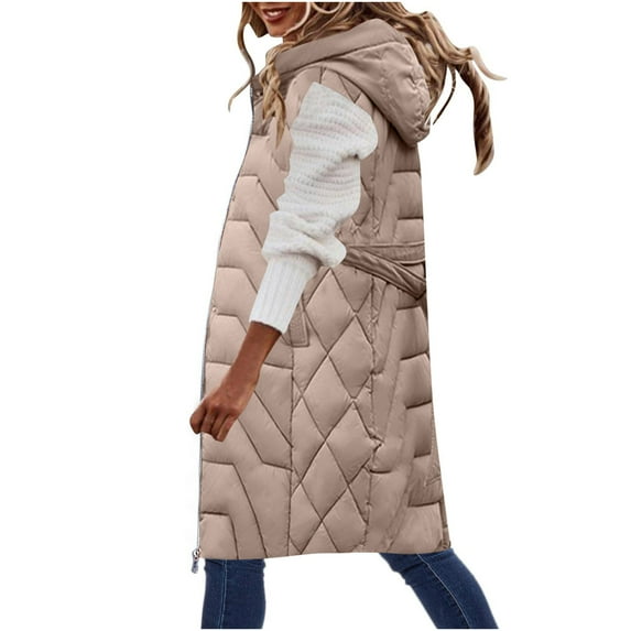 FAIWAD Women's Long Hooded Down Vests Sleeveless Warm Windproof Plus Size Zip Padded Coats with Pockets