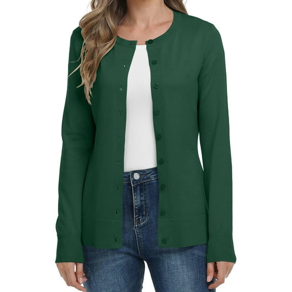 FAIWAD Women's Long Sleeve Cardigan Round Neck Button Down Knit Sweater Classic Solid Color Tops