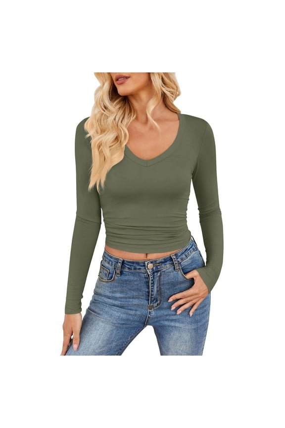 Women's Long Sleeve Going Out Crop Tops Slim V Neck Layering Basic Shirt Trendy Casual Stretch Tees