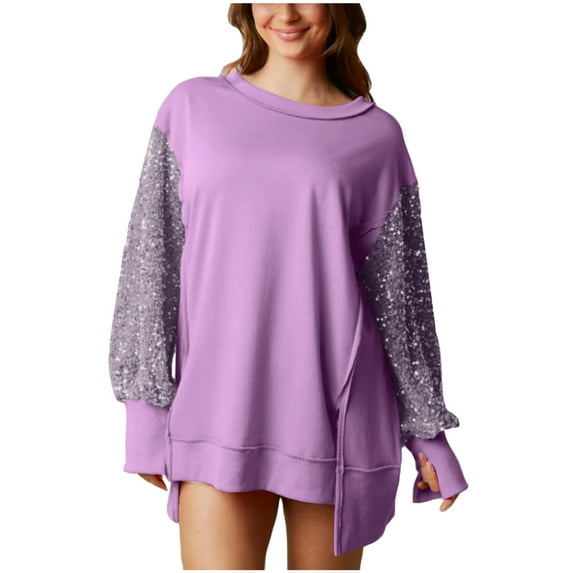 FAIWAD Women's Long Sleeve Patchwork Sequin Top Casual Round Neck Plus Size Irregular Hem Pullover Sweatshirt