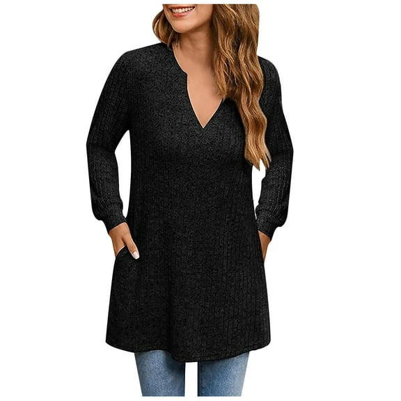 FAIWAD Women's Long Sleeve Ribbed Knit Tunic Tops V Neck Loose Pullover Tops Trendy Spring Long Tops