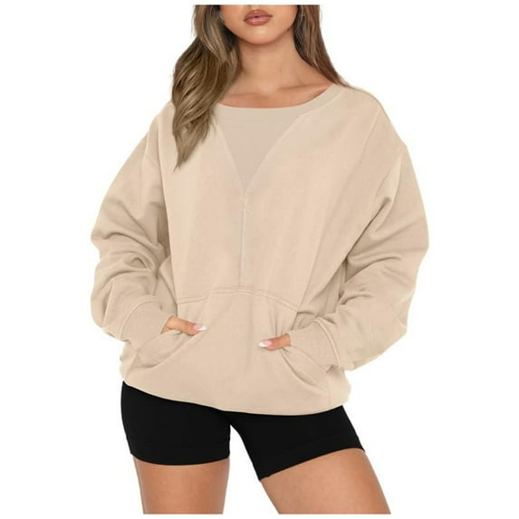 FAIWAD Women's Long Sleeve Round Neck Casual Top with Pocket Solid Color Sweatshirt Loose Plus Size Pullover Tops