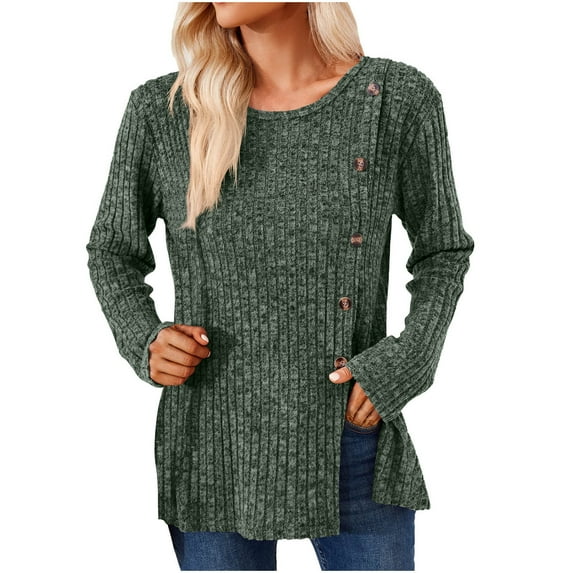 FAIWAD Women's Long Sleeve Round Neck Tunic Knit Tops Trendy Button Side Split Solid Color Pullover Top