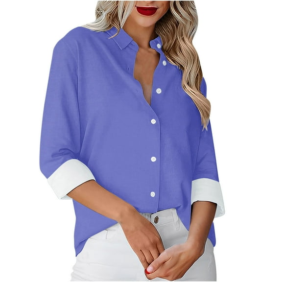 FAIWAD Women's Long Sleeve Shirts Lapel Single-Breasted Solid Color Shirt Business Casual Tops