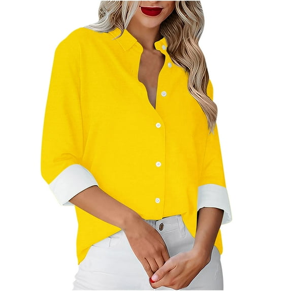 FAIWAD Women's Long Sleeve Shirts Lapel Single-Breasted Solid Color Shirt Business Casual Tops