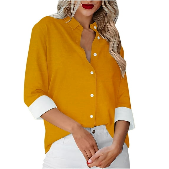 FAIWAD Women's Long Sleeve Shirts Lapel Single-Breasted Solid Color Shirt Business Casual Tops