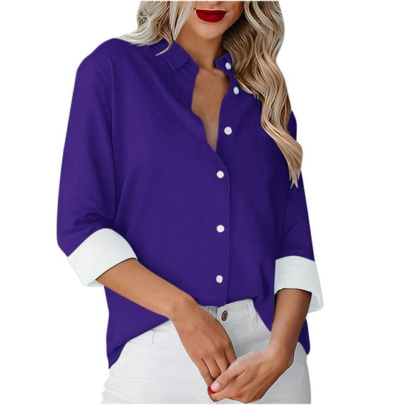 FAIWAD Women's Long Sleeve Shirts Lapel Single-Breasted Solid Color Shirt Business Casual Tops