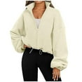 thumbnail image 1 of FAIWAD Women's Long Sleeve Stand Collar Fleece Crop Outcoat Adjustable Drawstring Zip Short Jacket, 1 of 5