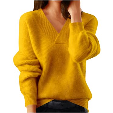 FAIWAD Women's Long Sleeve Sweaters V Neck Drop Shoulder Knit Sweater Solid Color Casual Loose Pullover Sweater