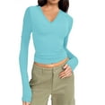 thumbnail image 1 of FAIWAD Women's Long Sleeve V Neck Crop Tops Slim Stretch Basic Pullover Top Fall Winter Solid Color Top, 1 of 5