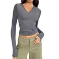 thumbnail image 1 of FAIWAD Women's Long Sleeve V Neck Crop Tops Slim Stretch Basic Pullover Top Fall Winter Solid Color Top, 1 of 4