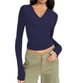 thumbnail image 1 of FAIWAD Women's Long Sleeve V Neck Crop Tops Slim Stretch Basic Pullover Top Fall Winter Solid Color Top, 1 of 6