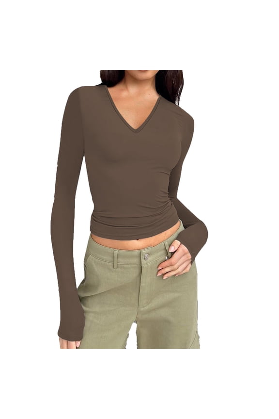 Women's Long Sleeve V Neck Crop Tops Slim Stretch Basic Pullover Top Fall Winter Solid Color Top