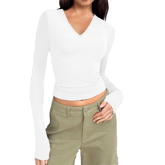 FAIWAD Women's Long Sleeve V Neck Crop Tops Slim Stretch Basic Pullover Top Fall Winter Solid Color Top