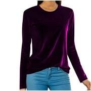 FAIWAD Women's Long Sleeve Velvet Tops Round Neck Vintage Casual Solid Color Basic Velour Pullover Tops