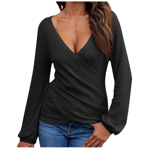FAIWAD Women's Long Sleeve Wrap Tops Deep V Neck Solid Color Shirts Slim Ruched Tunic Tops
