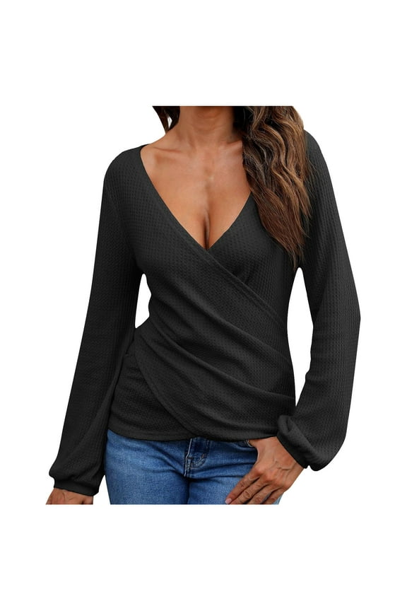 Women's Long Sleeve Wrap Tops Deep V Neck Solid Color Shirts Slim Ruched Tunic Tops