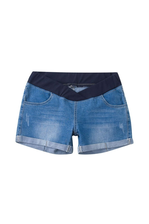 Women's Maternity Summer Jean Shorts Loose Stretch Roll Hem Denim Shorts Trendy Pregnancy Clothes