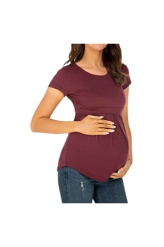 Women's Maternity Tops Short Sleeve Round Neck Pleat T-Shirt During After Pregnancy Clothes