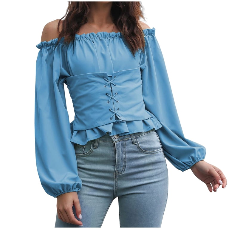FAIWAD Women's Off Shoulder Cropped Tops Long Sleeve Ruffle Trim