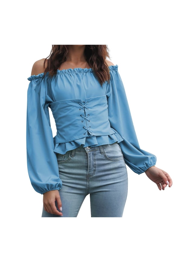 Women's Off Shoulder Cropped Tops Long Sleeve Ruffle Trim Puff Long Sleeve Tops