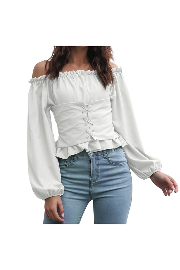 Women's Off Shoulder Cropped Tops Long Sleeve Ruffle Trim Puff Long Sleeve Tops