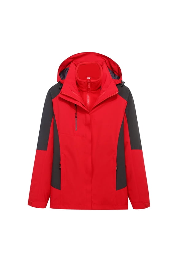 Women's Outdoor Jacket 3 in 1 Waterproof Windproof Winter Hooded Fleece Windbreaker Hiking Snow Coat (Large, Red)