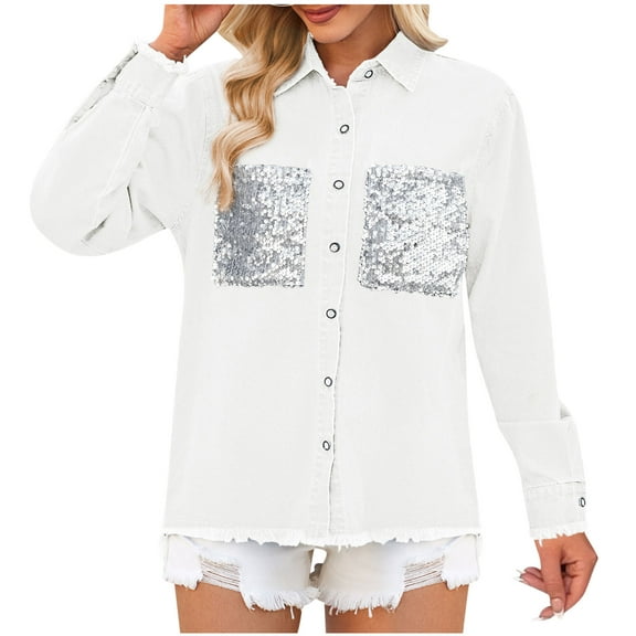 FAIWAD Women's Plus Size Denim Jacket Casual Long Sleeve Lapel Vintage Jean Jacket with Sequin Pockets