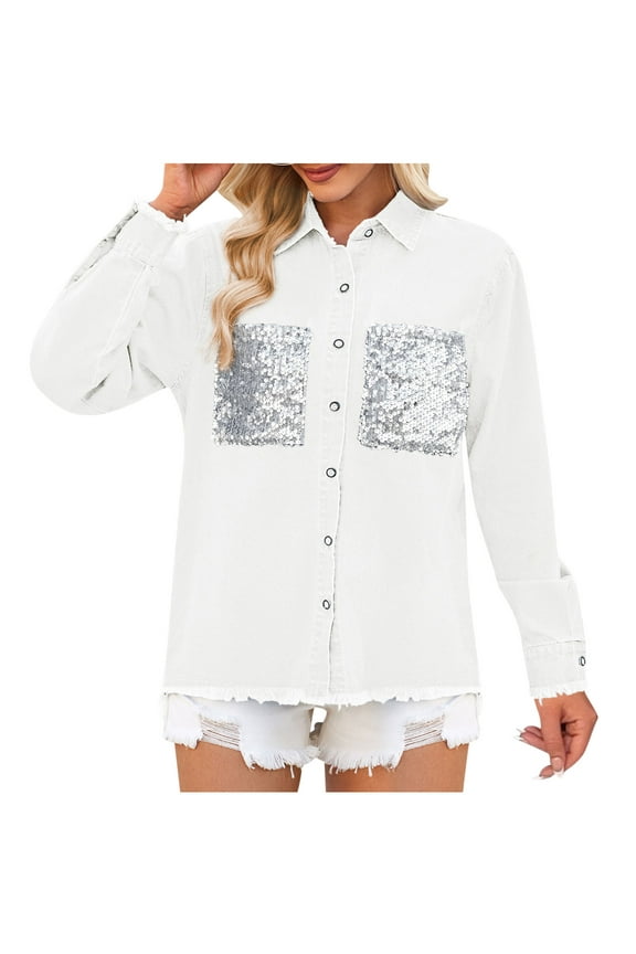 Women's Plus Size Denim Jacket Casual Long Sleeve Lapel Vintage Jean Jacket with Sequin Pockets