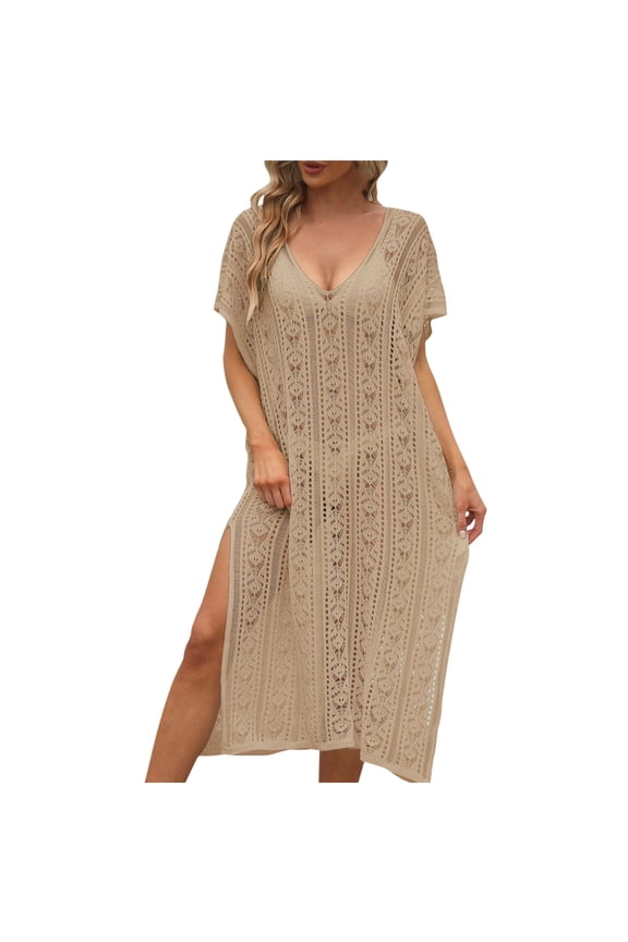 Women's Plus Size Hollow Out Dress Short Sleeve V Neck Side Split Cover Up Dress Loose Beach Dres