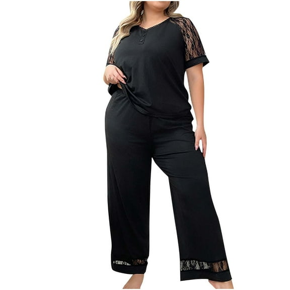 FAIWAD Women's Plus Size Pajama Sets 2 Piece Sleepwear Ruffle Short Sleeve Button Down Shirts and Pants Loungewear Home Set