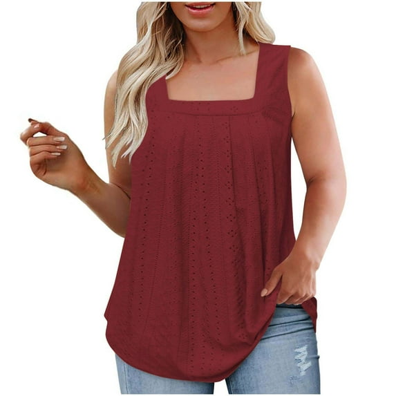 FAIWAD Women's Plus Size Tank Tops Summer Sleeveless Loose Pleated Shirts Square Neck Mesh Flowy Tunics Tees