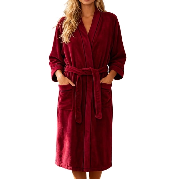 FAIWAD Women's Plush Bath Robe Fluffy Fleece Wrap Robe with Pockets 3/4 Sleeve Lounge Wear