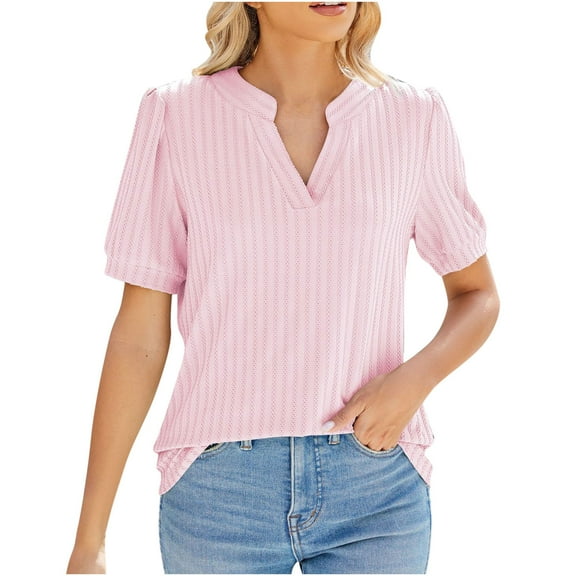 FAIWAD Women's Puff Sleeve Tops Summer V Neck Short Sleeve T-Shirts Casual Loose Ribbed Blouses