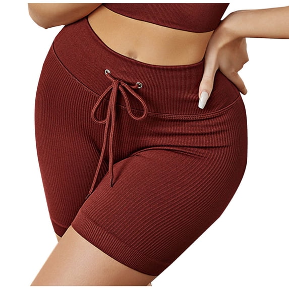 FAIWAD Women's Ribbed Shorts Drawstring Solid Color Elastic High Waist Yoga Shorts Stretch Seamless Biker Shorts