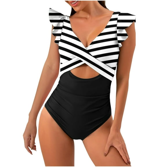 FAIWAD Women's Ruffle Swimsuit Trendy V Neck Wrap Cutout Bathing Suits Slim Stretch Quick-Dry Swimwear