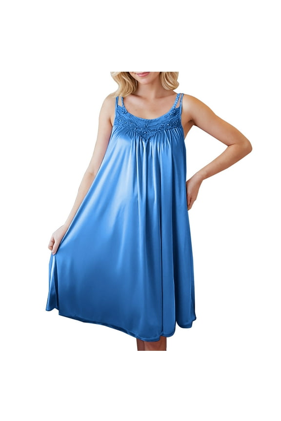 Women's Satin Nightgown Lace Embroidery Loose Sleeveless Flowy Pajamas Dress Summer Knee-Length Babydoll Sleepwear