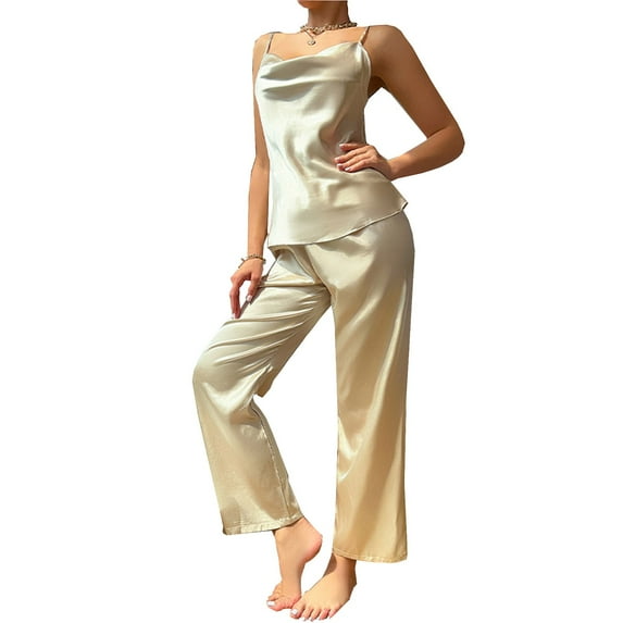 FAIWAD Women's Satin Pajama Set Sleeveless Strape Crop Tops and Long Pants Pajamas Loose Homewear Set
