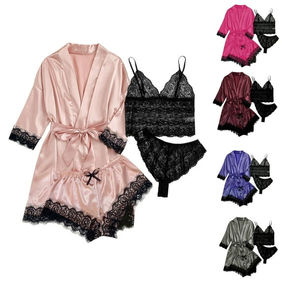 FAIWAD Women's Satin Pajamas Set 4pcs Lace Cami Shorts and Underwear Silk Sleepwear with Robe Soft Loungewear