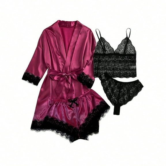 FAIWAD Women's Satin Pajamas Set 4pcs Lace Cami Shorts and Underwear Silk Sleepwear with Robe Soft Loungewear