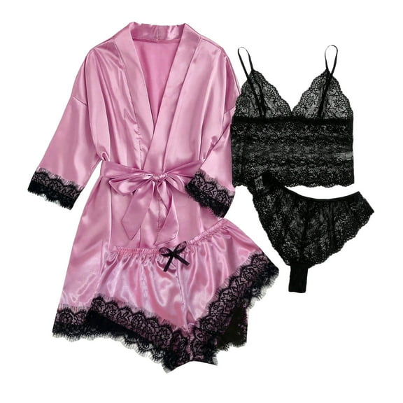 FAIWAD Women's Satin Pajamas Set 4pcs Lace Cami Shorts and Underwear Silk Sleepwear with Robe Soft Loungewear