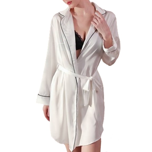 FAIWAD Women's Satin Robes Long Sleeve Lapel Bathrobe Comfy V Neck Nightgown with Belt