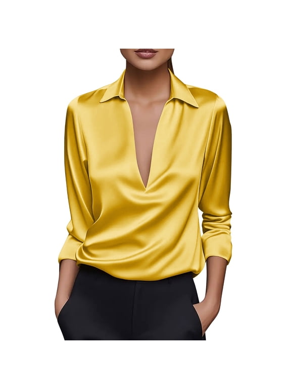 Women's Satin Shirts Long Sleeve Deep V Neck Blouses Long Sleeve Dressy Casual Work Office Tops