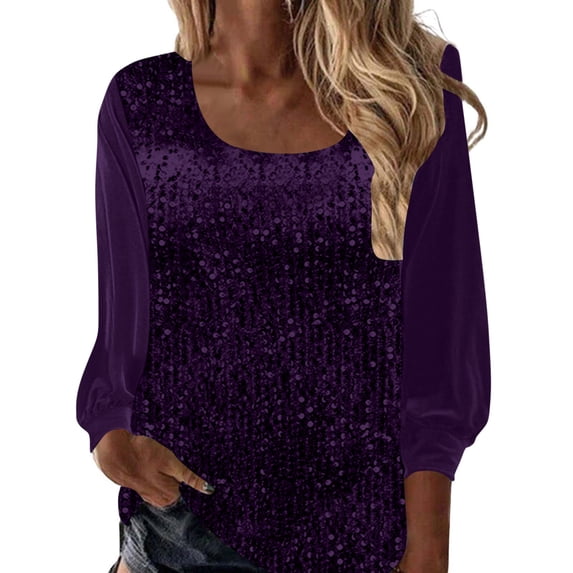 FAIWAD Women's Sequin Tops Glitter Sparkly Long Sleeve U Neck Blouses Velvet Patchwork Cocktail Party Tops