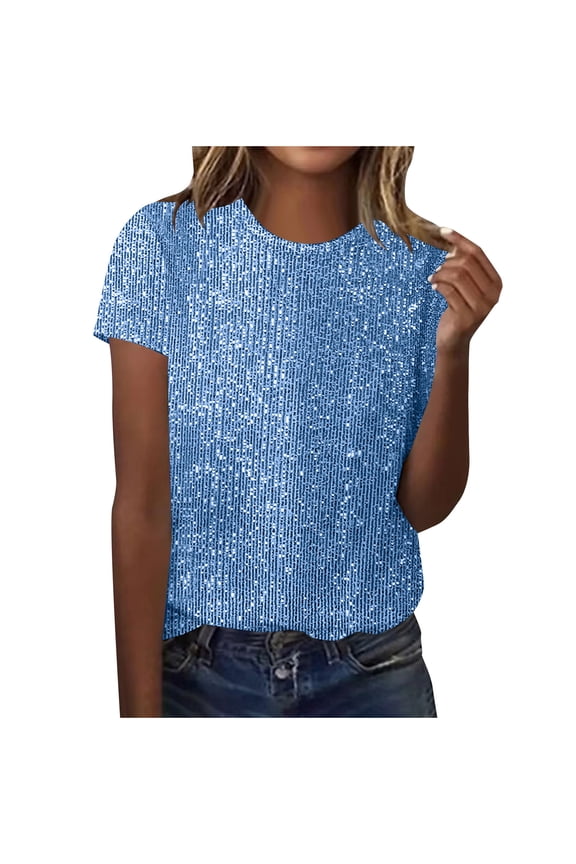 Women's Sequin Tops Round Neck Short Sleeve Sparkly Shirts Trendy Glitter Evening Party Blouse